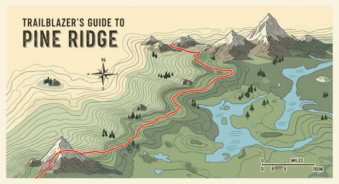 Map of Pine Ridge: Mountain hiking trail, compass, lakes, and terrain