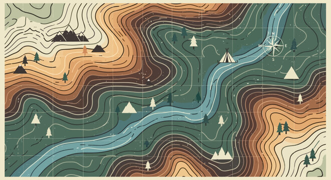 Topographic Map Illustration: River, Mountains, Forest, Camping, Compass Rose