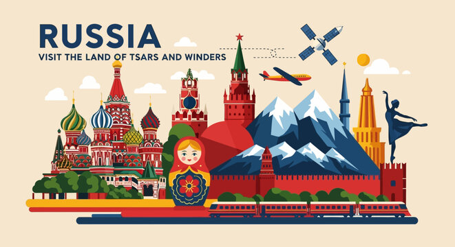 Russia Travel Collage: Kremlin, Matryoshka, Ballet, Space & Landmarks