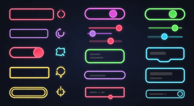Neon UI elements on dark background: sliders, toggles, buttons, and indicators