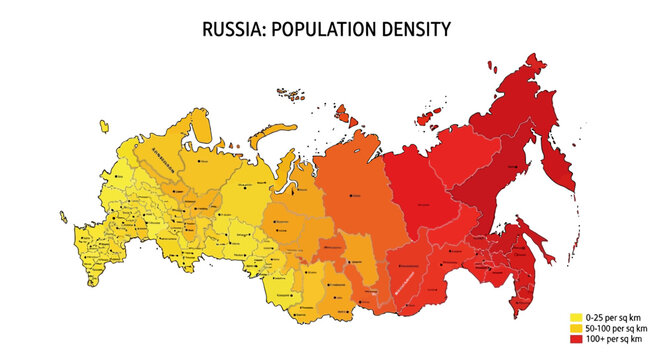 Russia Population Density Map - High Density East, Low Density West
