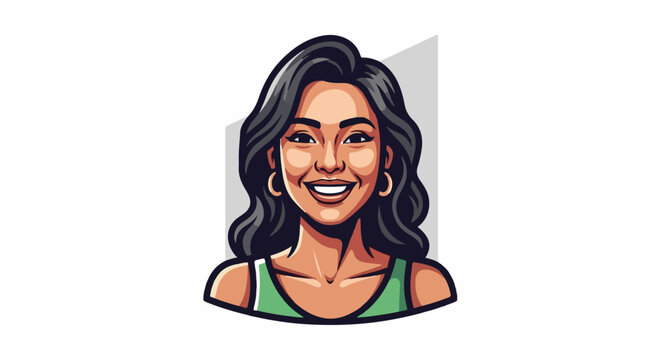 Stylized portrait of a young woman with dark, wavy hair and a bright smile