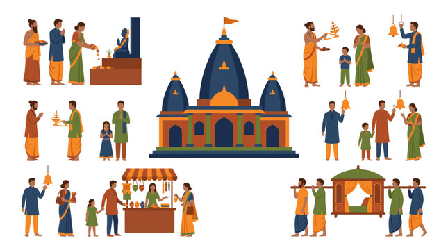Flat vector set of traditional Indian people worshiping at holy shakti peeth temple featuring priest devotees palanquin and offering stall.