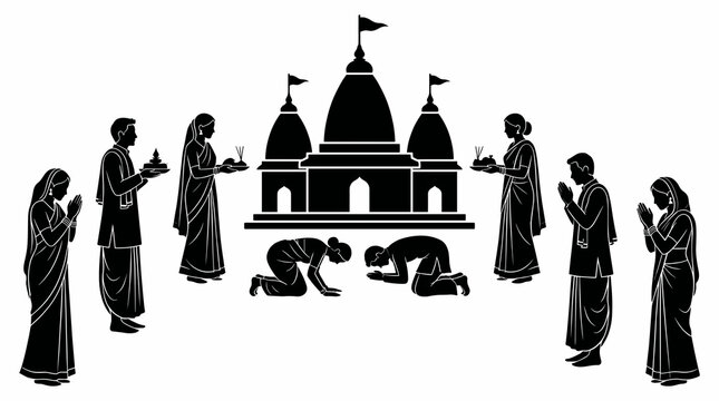 Black and white silhouette vector of diverse Indian devotees bowing and offering prayers to a sacred shakti peeth temple building.