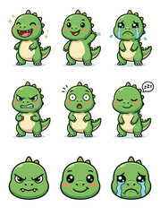 Obraz premium Cute Pixel Art Green Baby Dinosaur Emoticon Set With Nine Kawaii Expressions Including Happy Crying Angry Surprised Shy And Sad On White Background