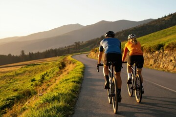 Fototapeta premium Couple cycle road bikes on winding country lane with mountains behind. Man and woman ride bikes wearing helmets and sport clothes. They enjoy outdoor active recreation and fitness.