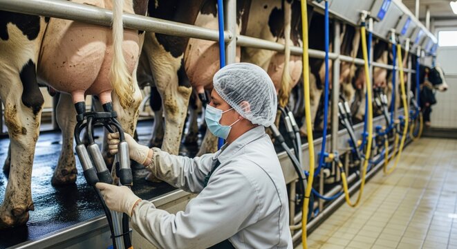 Worker attaches milking machine to dairy cow in real farm parlor, with other cows visible behind, showing authentic milk production and hygiene.