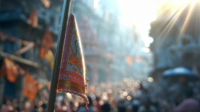 Religious flag waving during an Indian pilgrimage festival procession