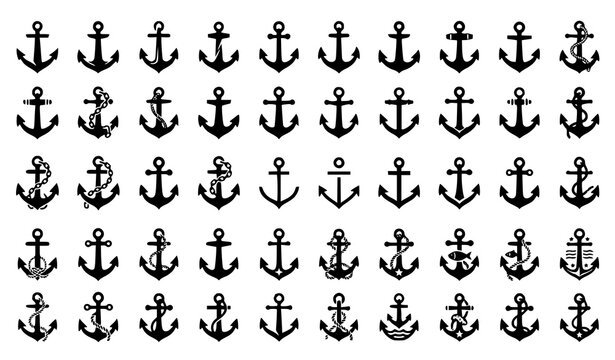Black ship anchor vector icons with retro naval and modern marine anchor variations