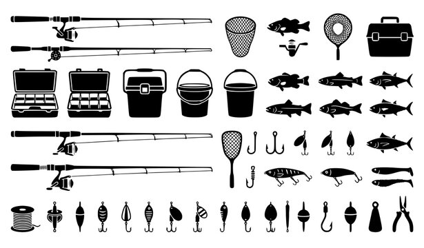Solid fishing gear vector icons featuring rods nets bait buckets and fish symbols