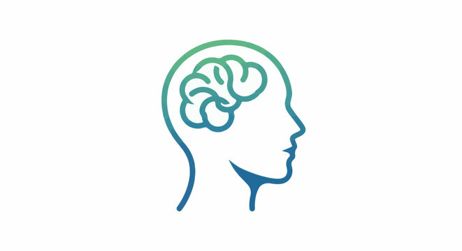 Stylized outline of a human head with a brain illustration inside