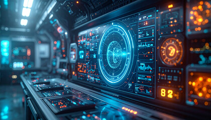 Fototapeta premium Future Tech Command Center: A futuristic command center with digital displays, glowing interfaces, and cutting-edge technology, evokes a sense of innovation and high-tech advancement. 