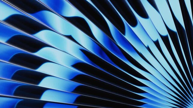 Abstract futuristic blue metallic waves animation. Glossy flowing chrome stripes with smooth curved reflections forming dynamic tunnel surface on dark background. Modern sci fi technology 3D render.