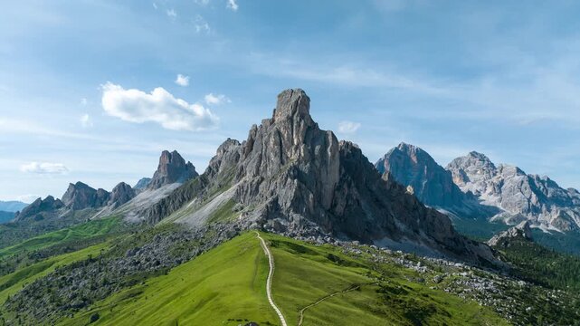 Timelapse of Ra Gusela Peak, Nuvolau mountain group, Dolomites, Giau Pass, South Tyrol, Italy