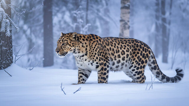 Amur leopard walking in snowy forest.