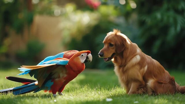 Adorable friendship between a vibrant scarlet macaw parrot flying and landing on the green grass to playfully interact with a friendly golden retriever dog in a sunny garden