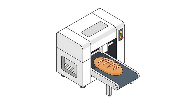 Isometric illustration of a bread making machine with a loaf of bread on a conveyor belt.