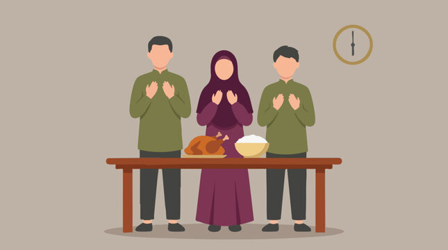 Muslim family praying before Iftar meal, breaking fast during Ramadan