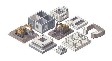 Naklejka premium Isometric illustration of various construction stages and building elements.