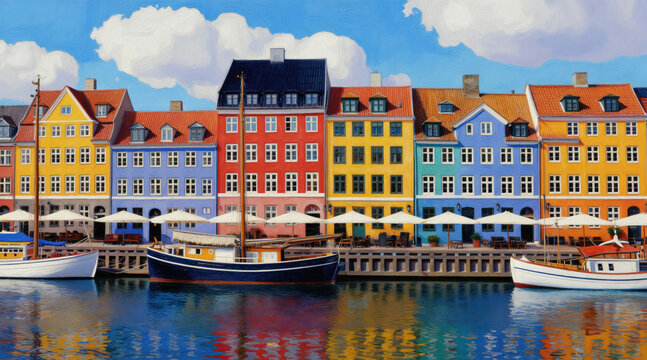 Colorful buildings line canal with boats. Waterfront cityscape in naive art style. Bright houses on water with reflections. Sunny day in city harbor.