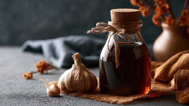 Aged black garlic bulb and clove with a rustic bottle of dark extract on a textured surface