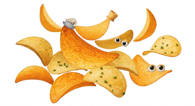 Many seasoned potato chips floating against a black background with two chips featuring googly eyes and one wearing a small chefs hat