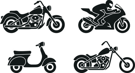 Collection of motorcycle silhouette illustrations featuring cruiser, sport bike, scooter, and chopper designs highlighting diverse styles and riding concepts © MdAbulkalam