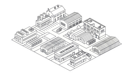 Obraz premium Isometric Industrial Cityscape Line Art Illustration.