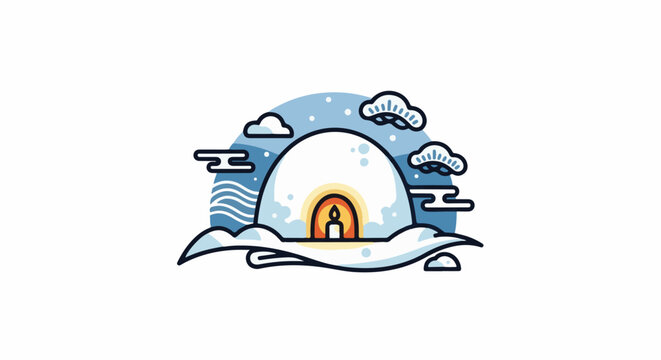 Stylized igloo with a glowing candle inside, surrounded by clouds and icy landscape
