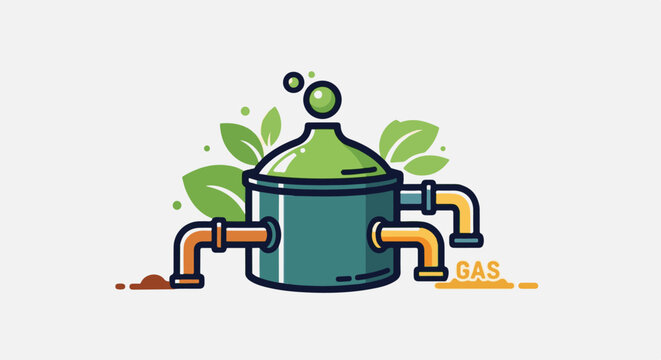 Stylized illustration of a biogas digester with pipes and leaves
