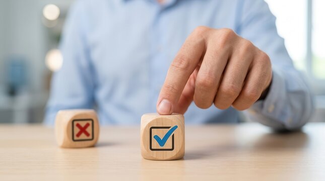 A hand of a businessman choosing the blue correct sign over a red cross mark, symbolizing approval or rejection of a business proposal.
