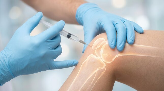 Minimally invasive regenerative therapy for joint pain involves a gloved clinician injecting platelet-rich plasma into the knee.