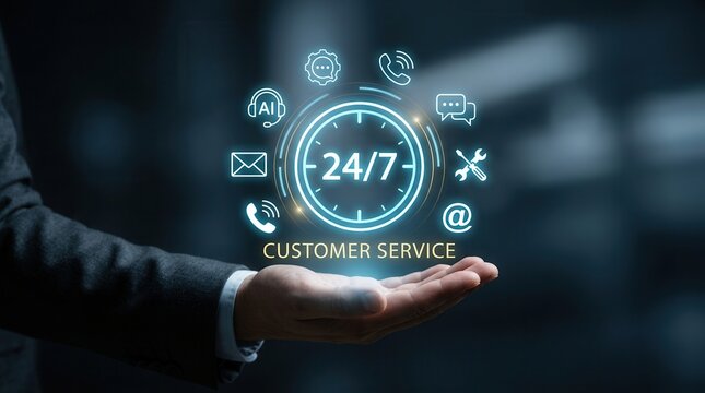 A businessman's hand interacts with a virtual interface, featuring 24/7 AI customer service icons for continuous digital communication and artificial intelligence support.