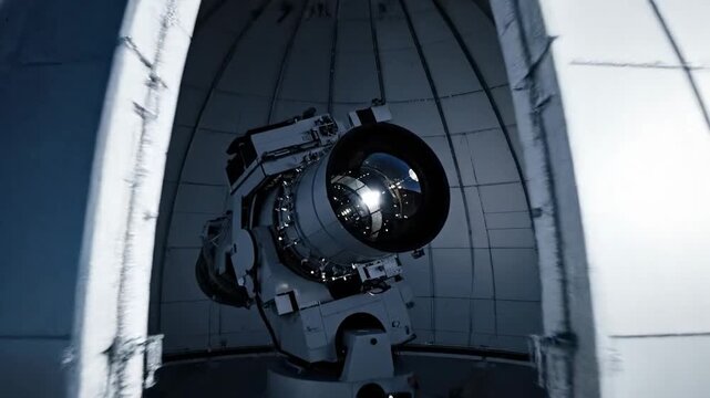 Observatory dome opens to reveal large telescope aimed at starry night sky, space exploration, astronomy, scientific research, deep space discovery