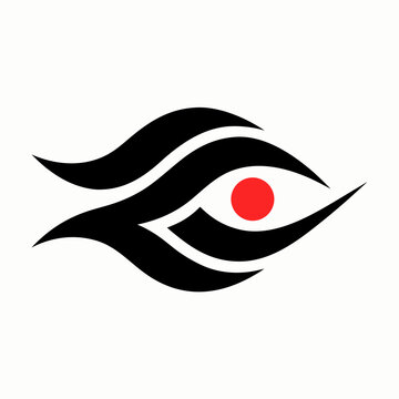 Stylized eye with red iris and black curved lines