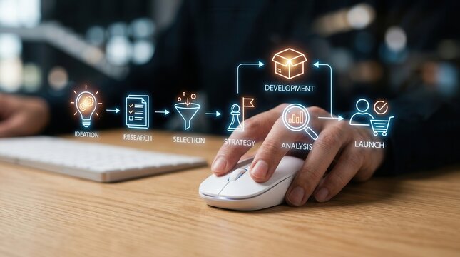 A digital roadmap illustrating stages of creative thinking and innovation for new product development processes.