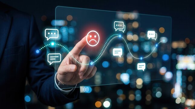 Dissatisfaction and poor customer experience are highlighted by a hand selecting a sad face icon, signifying negative feedback for service evaluation and complaint management.