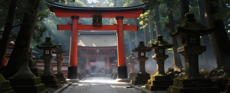 Red torii gate entrance to Japanese shrine in forest. Stone lanterns line path, sunlight rays through trees mist. Ancient Shinto architecture serene woodland setting.
