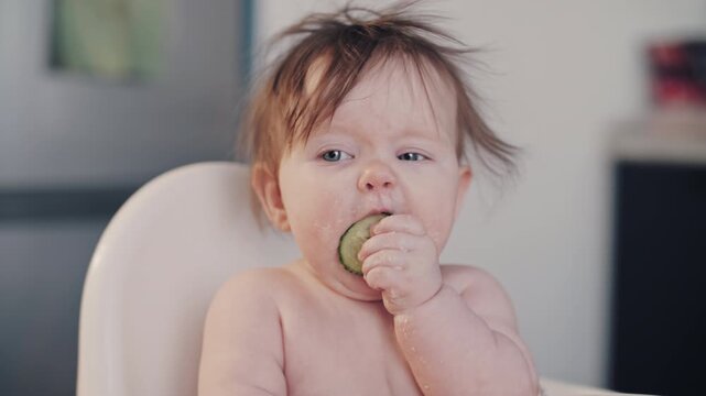 Little Baby Learning to Eat Independently Healthy Feeding Moment