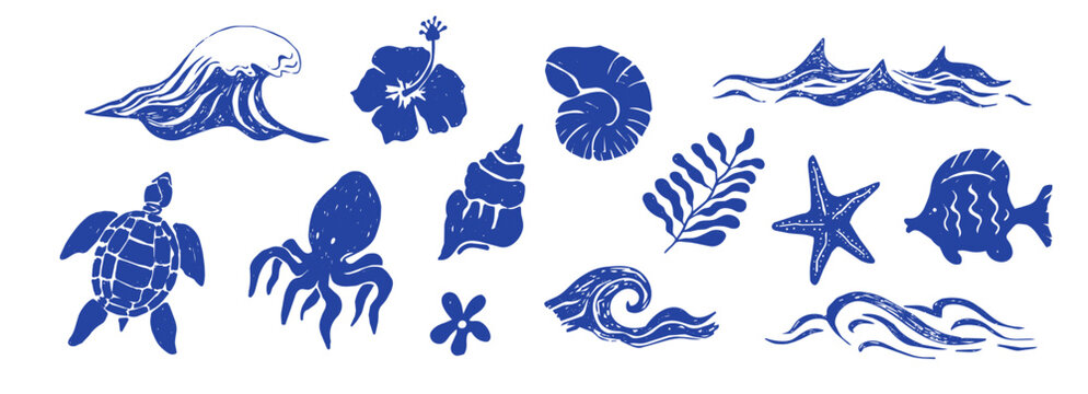 Linocut set featuring sea decoration, corals, waves and shells. Woodcut vintage marine silhouette print, summer nautical collection.