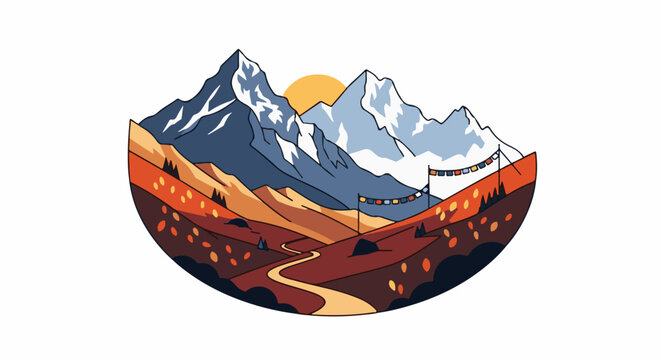 Stylized mountain landscape with prayer flags, winding path, and sun