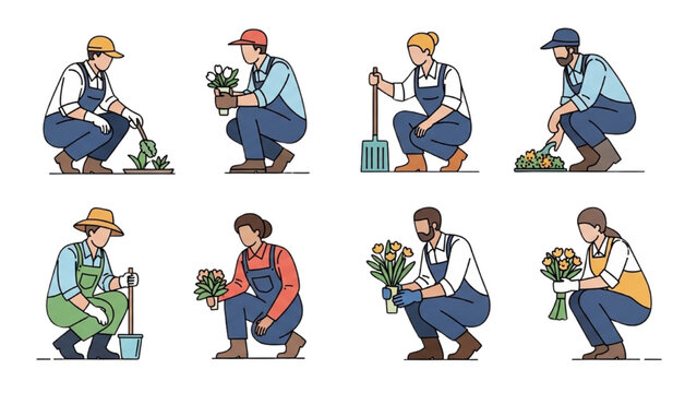 People gardening outdoor with 2D CAD illustrations of various actions and tools