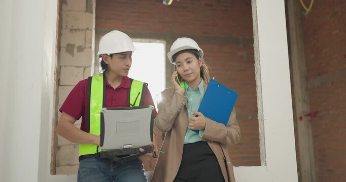 Female Project Coordinator Calls Supplier About Material Delay with Site Engineer