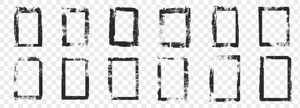  Grunge rolled ink stamp texture frame. Noice distress vintage craft paint splatter borders. Rectangle vertical backgrounds. Linocut relief printing 