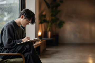 Fototapeta premium Asian man writing in notebook by rainy window, creative indoor lifestyle concept