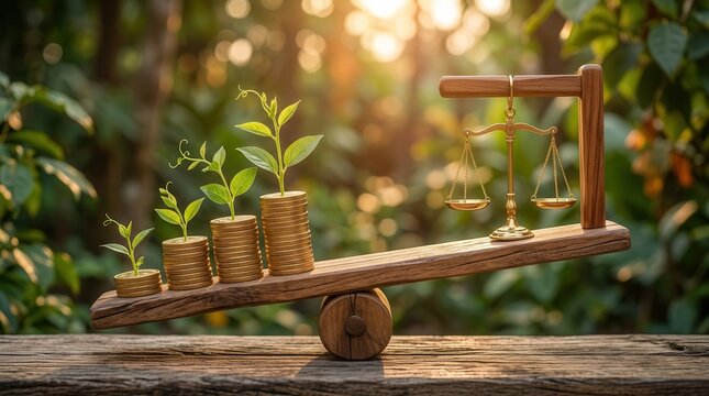 Financial justice and ethical banking concept featuring a wooden scale and gold scales.