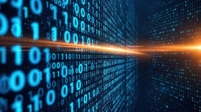 Advanced data technology and information flow visualized through futuristic blue binary codes.