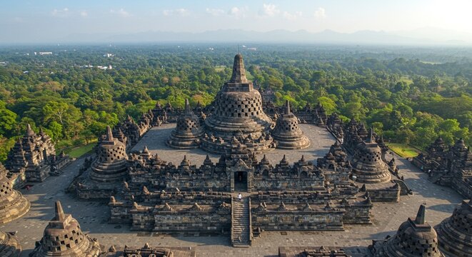 Stunning Aerial View of Borobudur Temple at Sunrise, Central Java, Indonesia