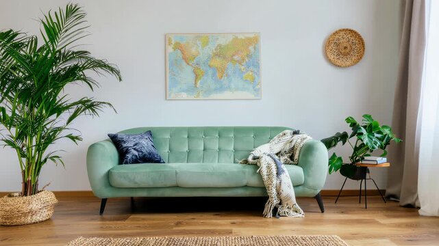 Cozy living room with soft green sofa leafy plants and world map wall decor bright natural light