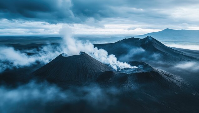 Drone photo of an active volcano, with smoke rising from the crater, white clouds in the sky, and a misty, dark gray.